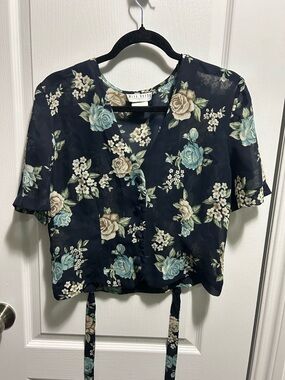Miss Selfridge Navy Floral Tie-Front Blouse with Blue and Cream Roses